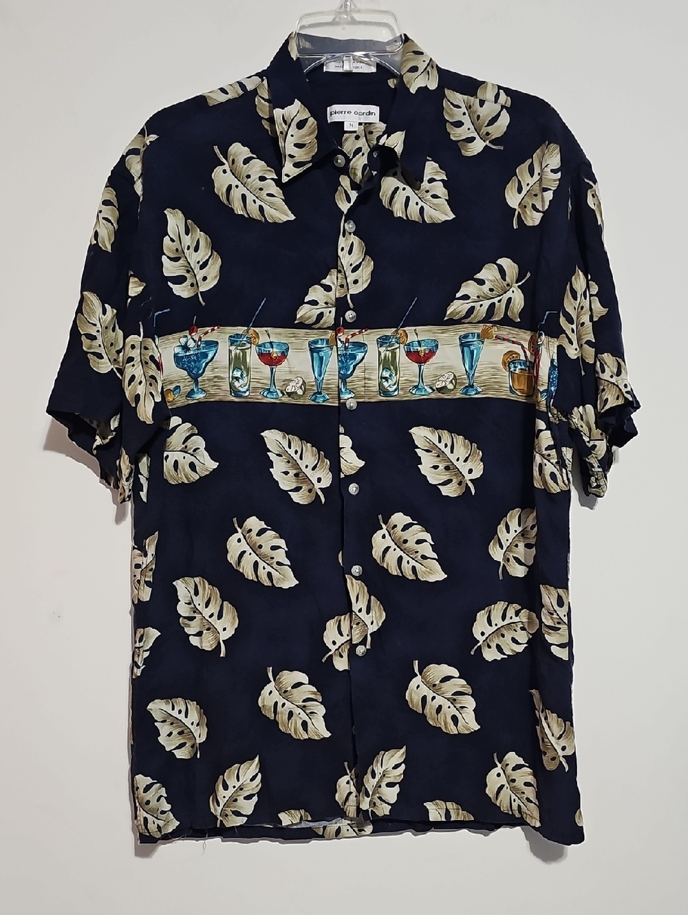 Pierre Cardin Navy Short-Sleeve Tropical Leaf Cocktail Print Shirt Medium Rayon